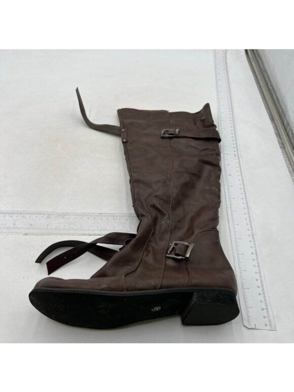 Women's Closed Round Toe Buckle Slouch Flat Heel Mid-Calf Boot Brown Boots